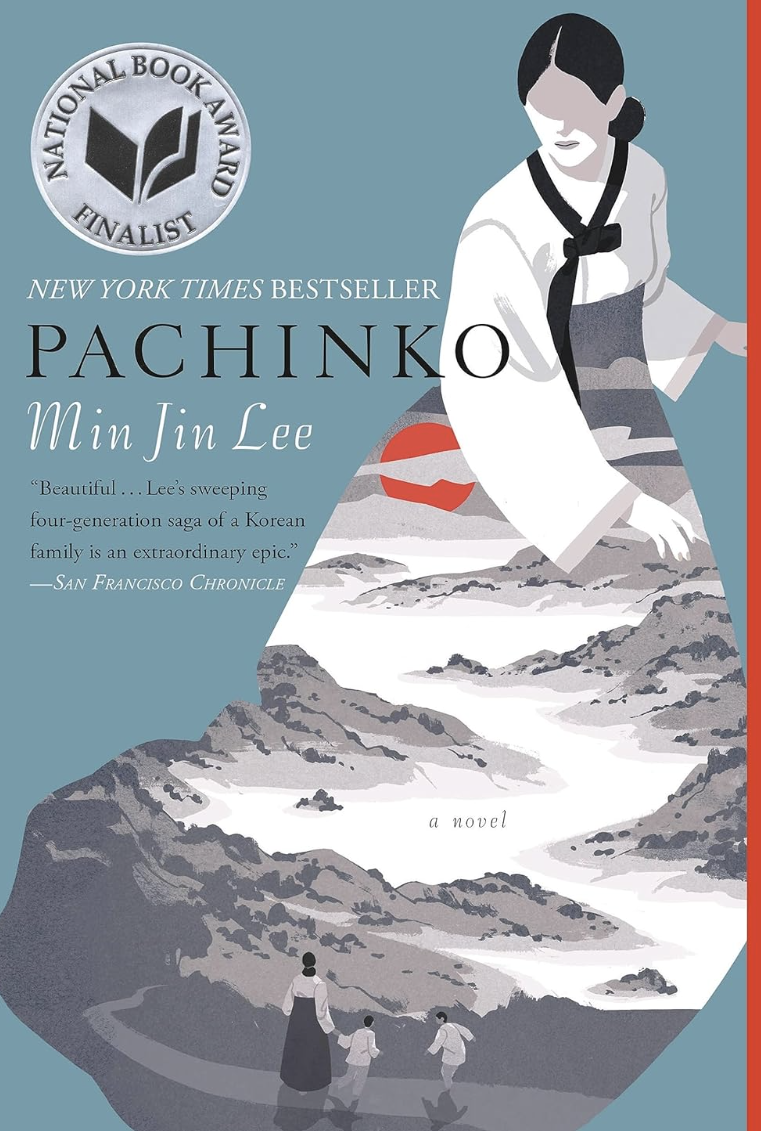 Cover of the book "Pachinko" by Min Jin Lee, featuring a stylized illustration of a woman in traditional attire with a mountainous landscape in the background