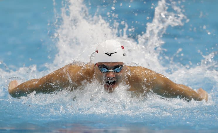 Singapore’s Joseph Schooling competes in a men’s 100-meter butterfly heat during the swimming competitions of the World Aquatics Championships in Budapest, Hungary, Friday, July 28, 2017. (AP Photo/Petr David Josek)