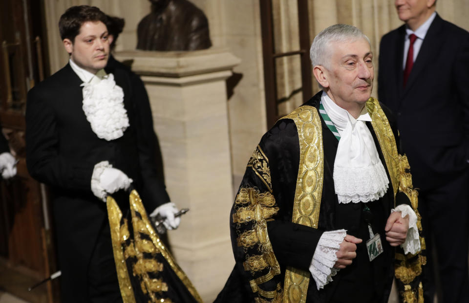 Speaker of The House of Commons Sir Lindsay Hoyle walks through the Members' Lobby in the House of Commons during the State Opening of Parliament by Queen Elizabeth II, at the Palace of Westminster in London.