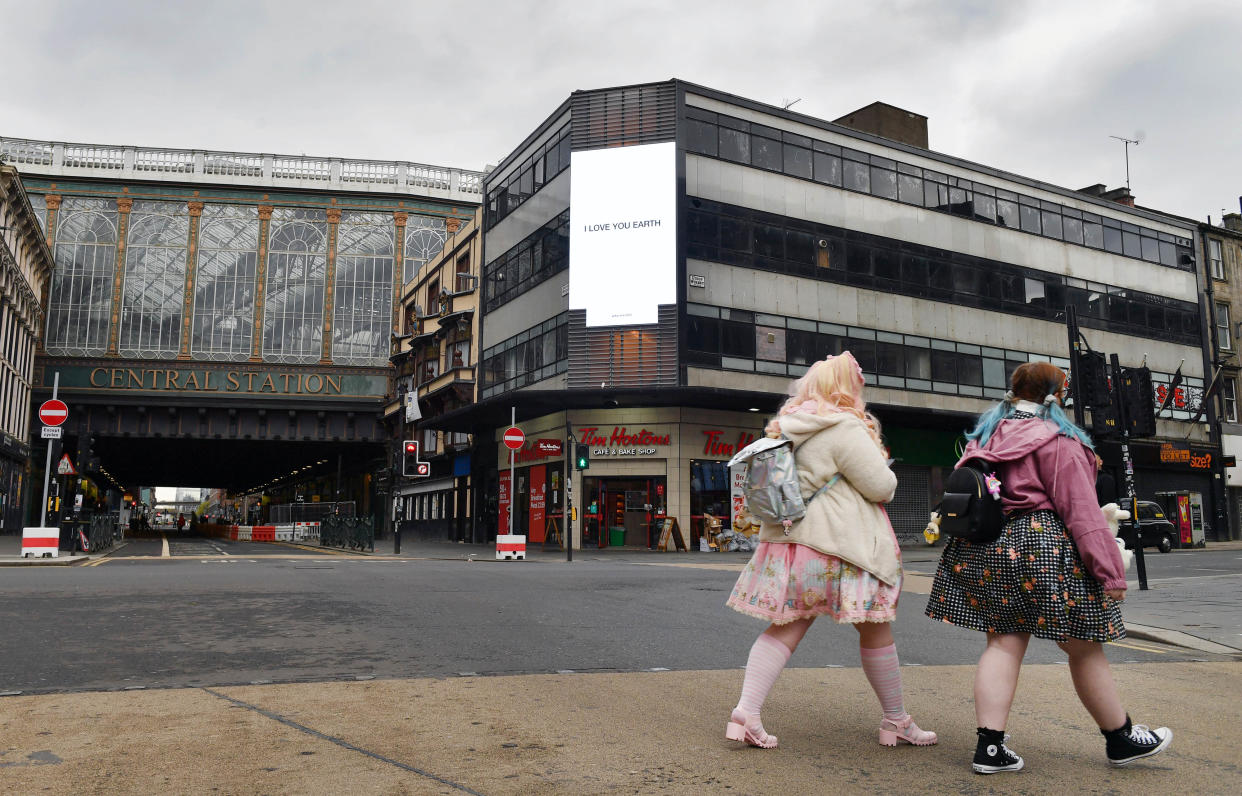 Yoko Ono’s artwork I Love You Earth is unveiled to mark Earth Day 2021 on Glasgow Central Station’s digital billboard (Mark Runnacles/PA)