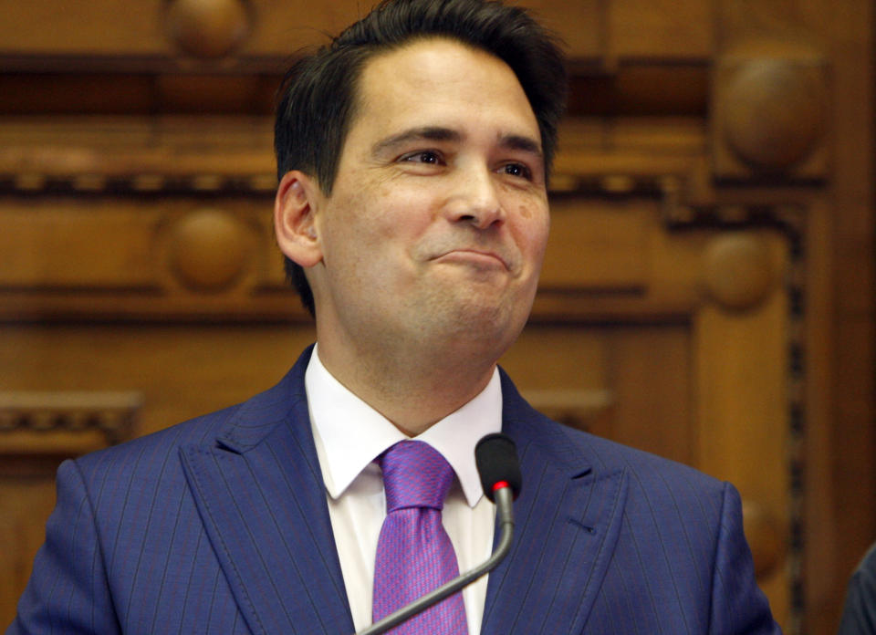 FILE - In this Feb. 27, 2018, file photo, Simon Bridges holds a press conference in Wellington, New Zealand. New Zealand's Prime Minister Jacinda Ardern said Tuesday, Jan. 28, 2020 that New Zealand's general election will be held on Sept. 19. Ardern will be seeking a second term in office and is expected to face tough competition from conservative challenger Bridges. (AP Photo/Nick Perry, File)