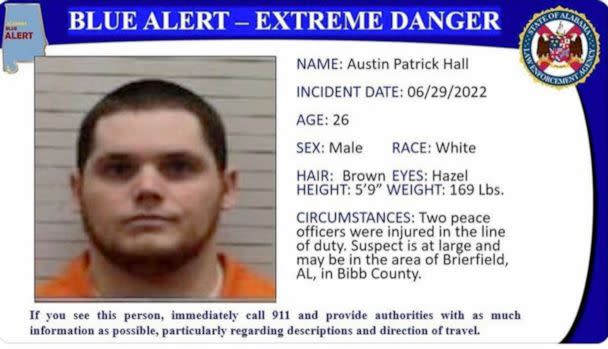 PHOTO: A manhunt is underway for 26-year-old Austin Patrick Hall who is considered to be armed and extremely dangerous after County Sheriff's Office deputies were shot on Highway 25 in Bibb County, Ala., June 29, 2022. (Alabama Law Enforcement Agency)