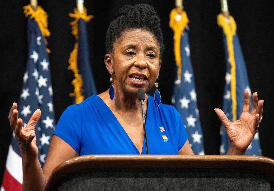 Valerie McCray, nominee for U.S. Senate, speak on the what the upcoming November election could mean for Hoosiers on Saturday, July 13, 2024, during the Indiana Democratic State Convention in Indianapolis.