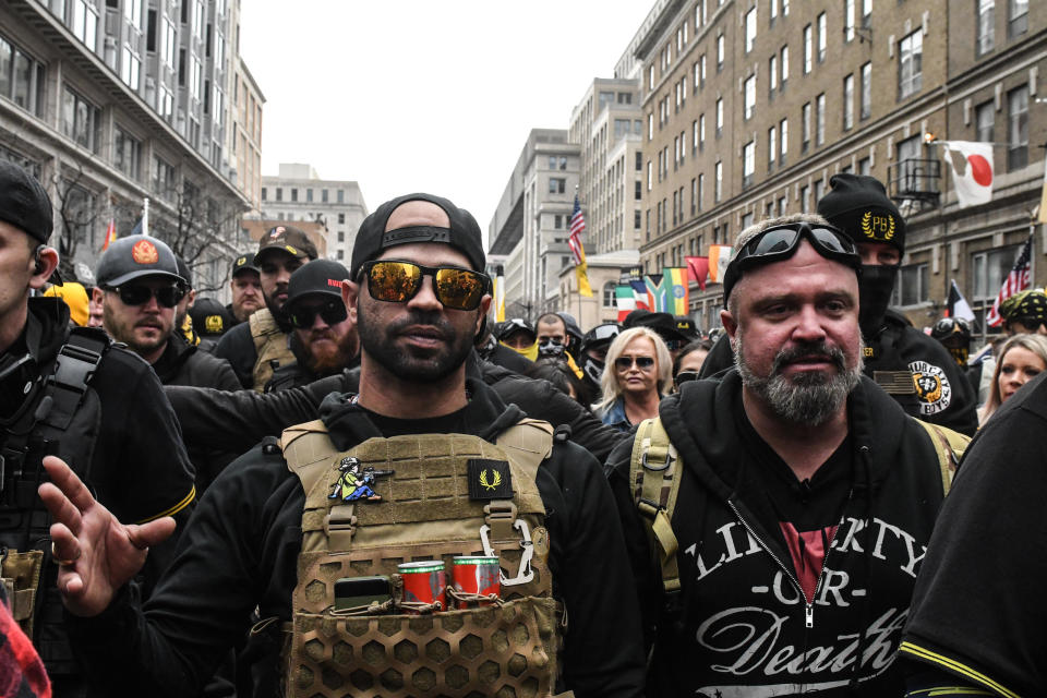 Proud Boys leader Enrique Tarrio (L) and Joe Biggs (R) during a protest on Dec. 12, 2020 in Washington, D.C., ahead of the Electoral College vote to make Trump's loss official. / Credit: / Getty Images