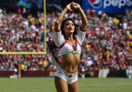 <p>Washington Redskins cheerleaders in action during a match between the Washington Redskins and the Philadelphia Eagles on September 10, 2017, at FedExField in Landover, Maryland. (Photo by Daniel Kucin Jr./Icon Sportswire via Getty Images) </p>