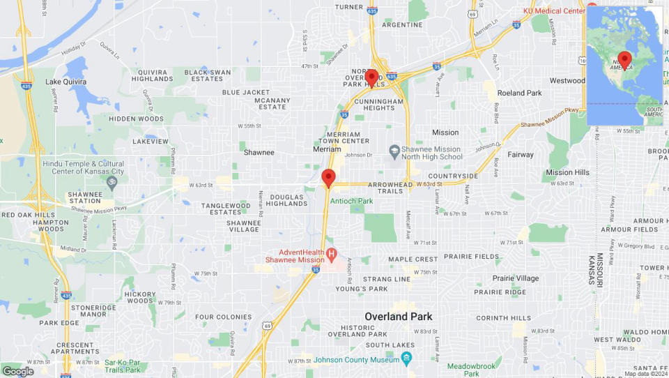 A detailed map that shows the affected road due to 'Heavy rain prompts traffic advisory on northbound I-35 in Merriam' on June 19th at 4:30 p.m.