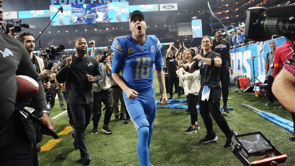 Detroit Lions quarterback Jared Goff walks off the field after an NFL wild-card playoff football game against the Los Angeles Rams, Sunday, Jan. 14, 2024, in Detroit. - Paul Sancya/AP