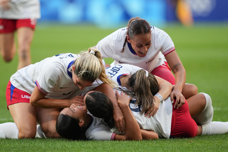 LYON, FRANCE - AUGUST 06: Sophia Smith #11 of the United States celebrates scoring with teammates during extra time against Germany during the Women's semifinal match during the Olympic Games Paris 2024 at Stade de Lyon on August 06, 2024 in Lyon, France. (Photo by Brad Smith/ISI/Getty Images)