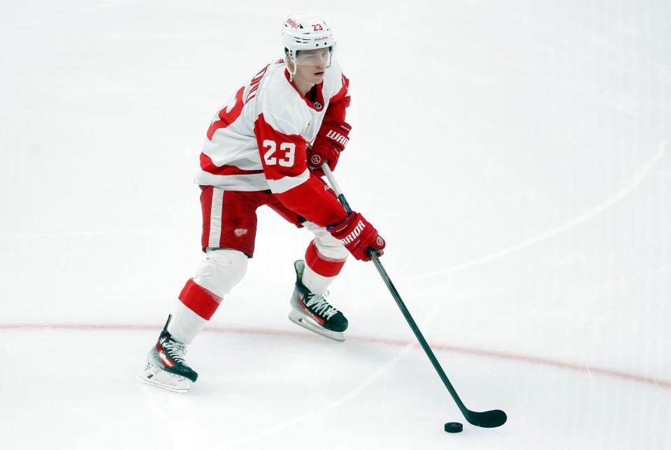 Red Wings left wing Lucas Raymond warms up before the game against the Penguins on Thursday, April 11, 2024, in Pittsburgh.