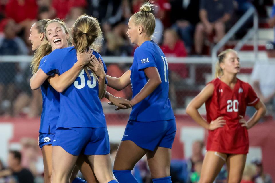 BYU’s Rachel McCarthy (33) celebrates with teammates after scoring the team’s third goal against Utah at Ute Field in Salt Lake City on Saturday, Sept. 9, 2023. | Spenser Heaps, Deseret News