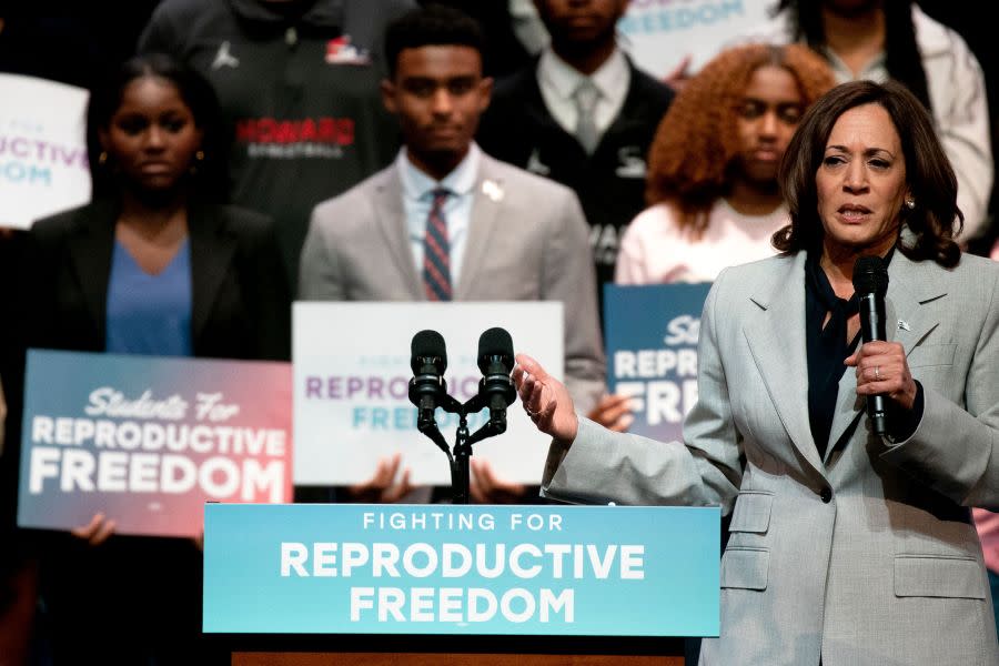 Vice President Kamala Harris spoke about reproductive freedom in April at Howard University, one of several campuses she has visited this year. (Photo by Stefani Reynolds / AFP via Getty Images)