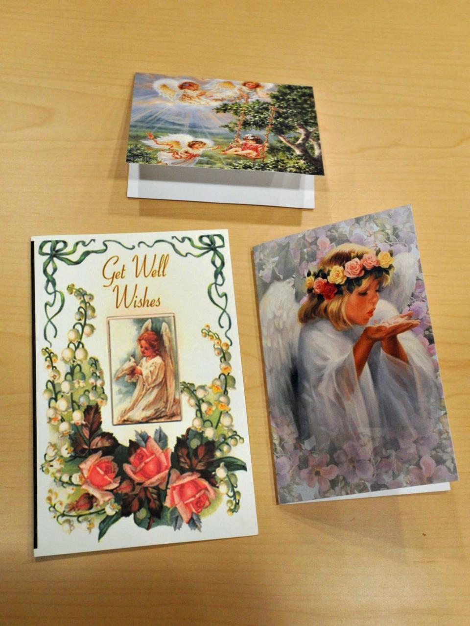 Some of the sympathy and get well cards Kate O'Sullivan, of Hingham, sends to clients and caregivers of Celtic Angels Home Health Care in Weymouth.