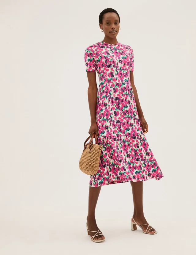 Marks and Spencer Floral Print Frill Sleeve Swing MIDI Dress M&S