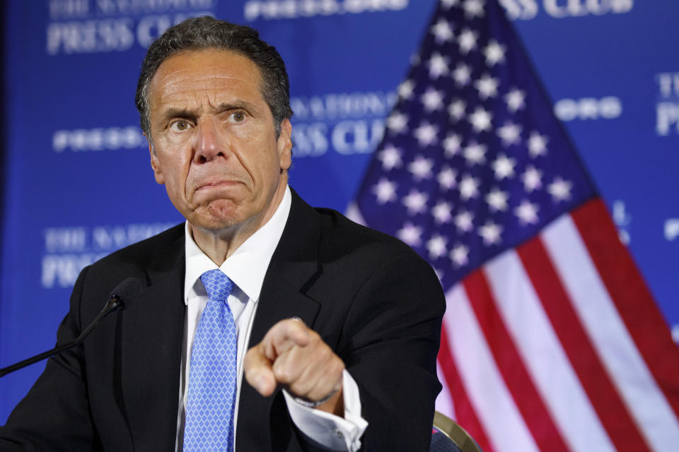 FILE - In this Wednesday, May 27, 2020, file photo, New York Gov. Andrew Cuomo speaks during a news conference, at the National Press Club in Washington. Over his long career, Gov. Cuomo has been known as a brutal political opponent to people who oppose his agenda or challenge him publicly. That penchant for punching hard at perceived enemies drew fresh condemnations this week in the wake of a tirade against a lawmaker who questioned his handling of the coronavirus pandemic. (AP Photo/Jacquelyn Martin, File)