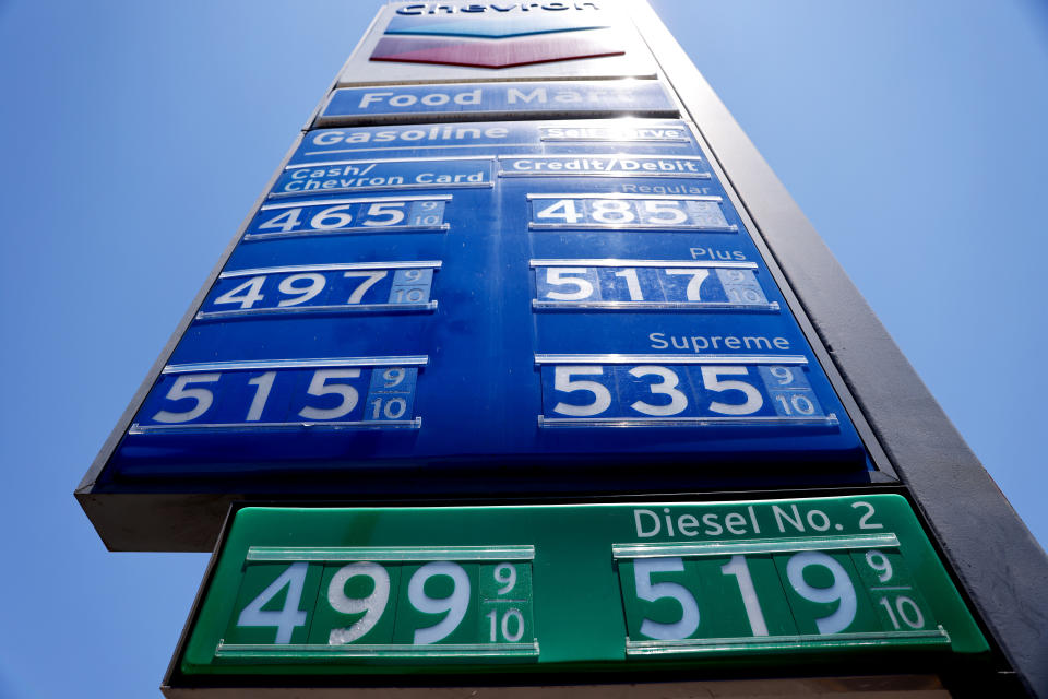 LOS ANGELES, CALIFORNIA - JUNE 14: Gas prices are displayed at a Chevron station on June 14, 2021 in Los Angeles, California. The average price for a gallon of gasoline continues to rise amid inflation fears with the current rate of regular grade up to $3.13 nationwide. In California, the average price is now over $4.00. (Photo by Mario Tama/Getty Images)