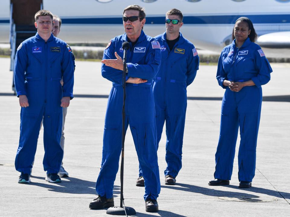 The four astronauts of NASA SpaceX Crew 8: Alexander Grebenkin, Michael Barratt, Matthew Dominick and Jeanette Epps arrived at Kennedy Space Center for their launch Friday to the International Space Station Craig Bailey/FLORIDA TODAY via USA TODAY NETWORK
(Credit: Craig Bailey/FLORIDA TODAY)