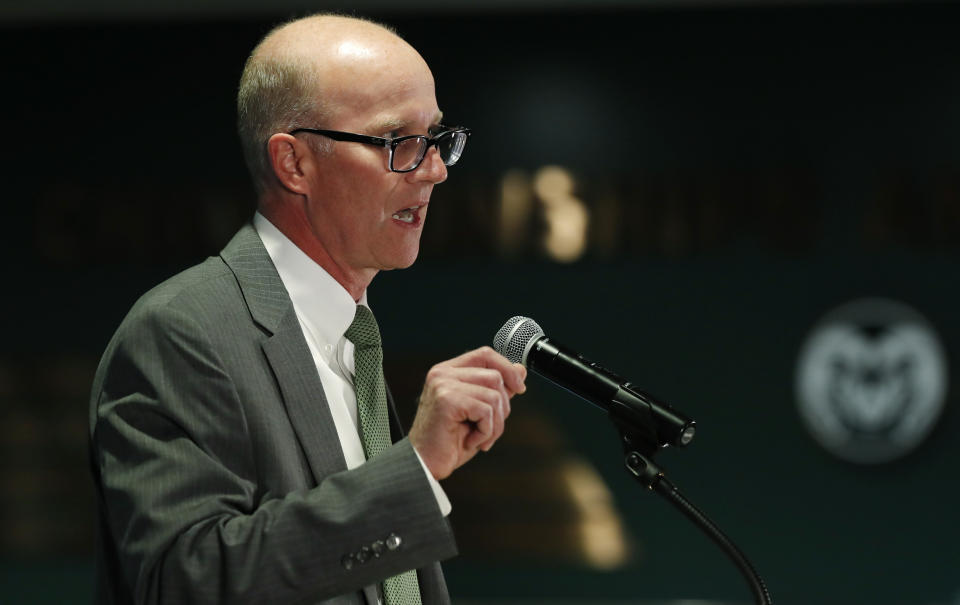 Joe Parker, athletic director at Colorado State University, makes a point during an announcement that Steve Addazio has been hired as the new head football coach at the school at a news conference at the school Thursday, Dec. 12, 2019, in Fort Collins, Colo. (AP Photo/David Zalubowski)