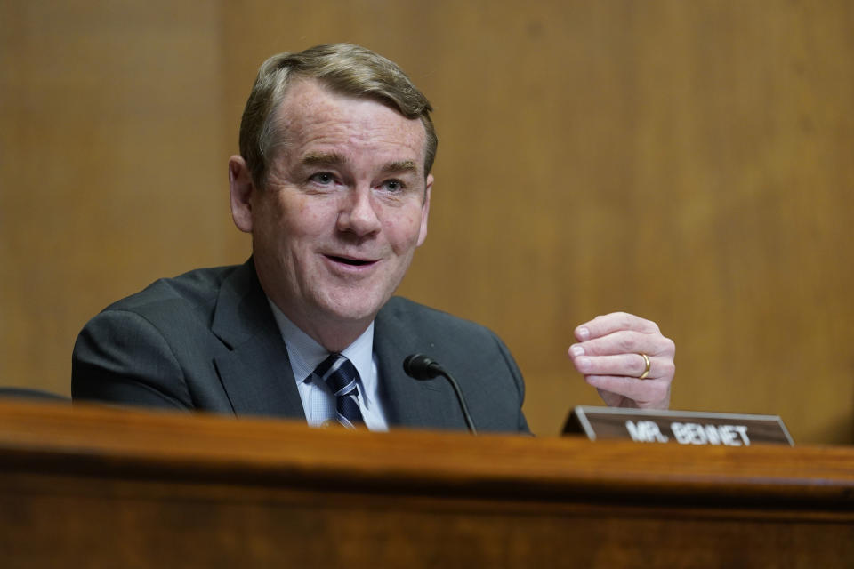 FILE - Sen. Michael Bennet, D-Colo., speaks during a Senate Finance Committee hearing on Capitol Hill in Washington, May 12, 2021. (AP Photo/Susan Walsh, Pool, File)