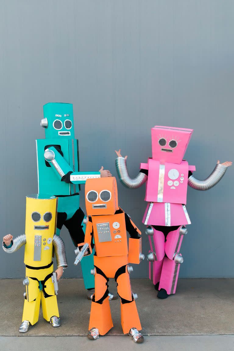 <p>We know that there are four people here, but you can always go as robots in your party of three. Just grab some duct tape, aluminum flex pipes and foil tape before you DIY!</p><p><a class="link " href="https://www.amazon.com/Duck-394468-All-Purpose-Inches-Silver/dp/B0006HX2MK/ref=sr_1_3?tag=syn-yahoo-20&ascsubtag=%5Bartid%7C10055.g.28073110%5Bsrc%7Cyahoo-us" rel="nofollow noopener" target="_blank" data-ylk="slk:SHOP DUCT TAPE;elm:context_link;itc:0;sec:content-canvas">SHOP DUCT TAPE</a> </p><p><a class="link " href="https://www.amazon.com/Aluminum-Tape-Foil-Ducts-Insulation/dp/B01FROBUXE/ref=sr_1_1_sspa?tag=syn-yahoo-20&ascsubtag=%5Bartid%7C10055.g.28073110%5Bsrc%7Cyahoo-us" rel="nofollow noopener" target="_blank" data-ylk="slk:SHOP FOIL TAPE;elm:context_link;itc:0;sec:content-canvas">SHOP FOIL TAPE</a></p><p><em><a href="https://tellloveandparty.com/2017/09/diy-robot-family-costume.html" rel="nofollow noopener" target="_blank" data-ylk="slk:Get the tutorial at Tell Love and Party »;elm:context_link;itc:0;sec:content-canvas" class="link ">Get the tutorial at Tell Love and Party »</a></em></p>