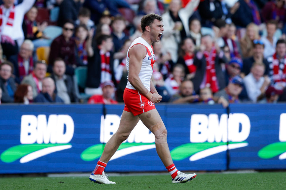 BRISBANE, AUSTRALIA - JULY 21: Will Hayward of the Swans celebrates a goal during the 2024 AFL Round 19 match between the Brisbane Lions and the Sydney Swans at The Gabba on July 21, 2024 in Brisbane, Australia. (Photo by Russell Freeman/AFL Photos via Getty Images)