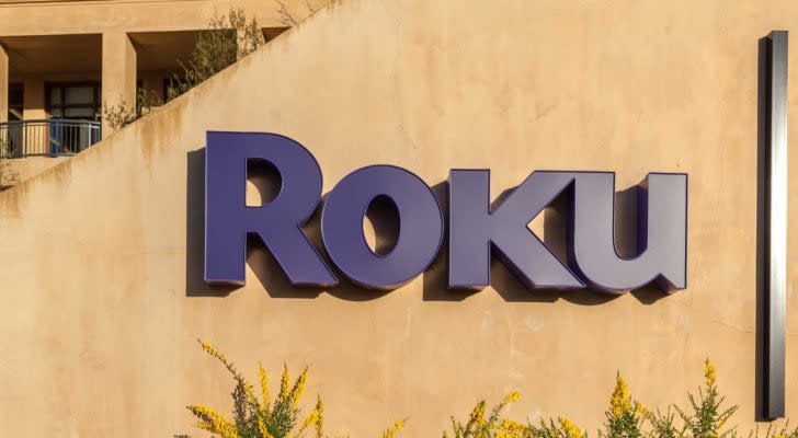 A purple Roku (ROKU) sign is pictured on a wall in Los Gatos, California.