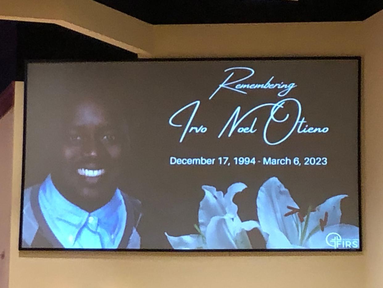 A video sign at First Baptist Church of South Richmond, site of a celebration of life for Irvo Otieno, on Mar. 29, 2023