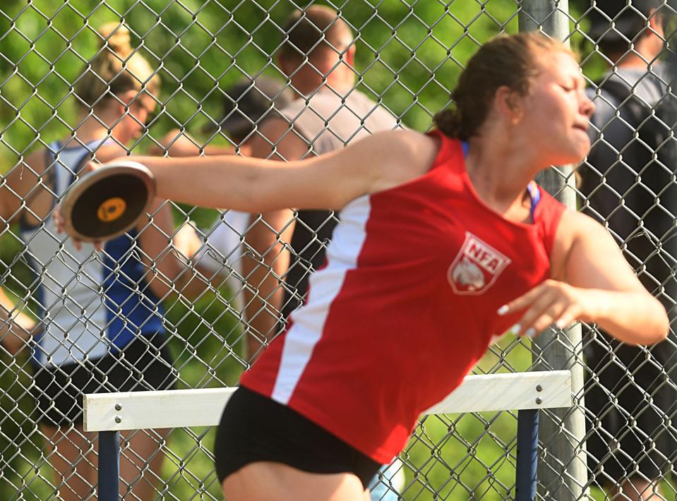 NFA's Hannah Graham came in second in the discus throw during the CIAC Class LL Track and Field State Championship in New Britain.
(Photo: [John Shishmanian/ NorwichBulletin.com])