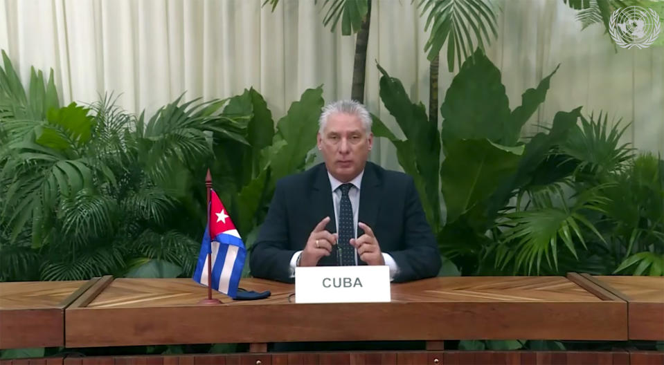 In this image made from UNTV video, Miguel Díaz-Canel Bermudez, President of Cuba, speaks in a pre-recorded message which was played during the U.N. General Assembly's special session to discuss the response to COVID-19 and the best path to recovery from the pandemic, Thursday, Dec. 3, 2020, at U.N. headquarters, in New York. (UNTV via AP)