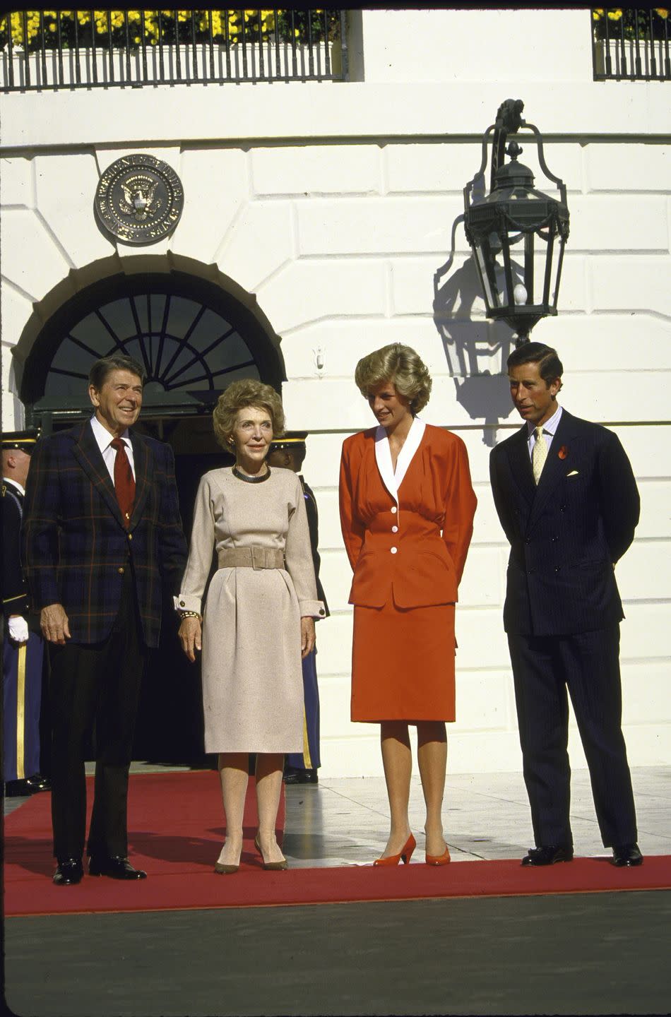 pres ronald reagan clad in plaid jacket posing w nancy p