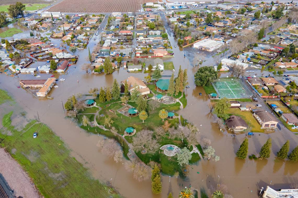 An aerial photo of flooding in Planada’s Houlihan Park in Merced County is shown here.