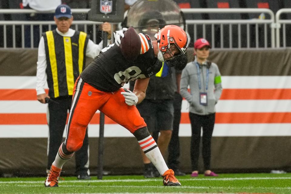 Cleveland Browns tight end Harrison Bryant (88) spikes the ball after a touchdown catch against the Cincinnati Bengals on Sept. 10 in Cleveland.