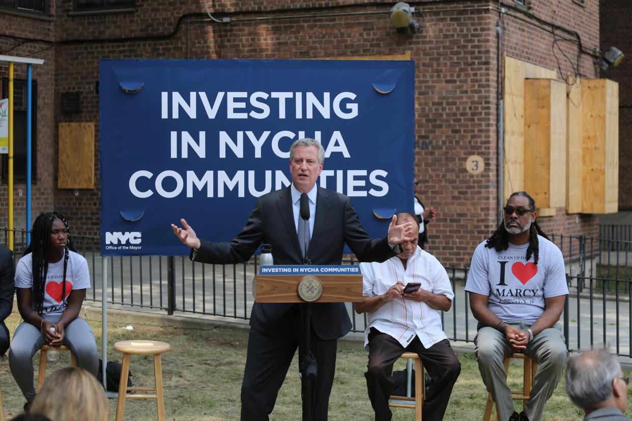 In this file photo, Mayor Bill de Blasio speaks at a ceremony for the NYCHA Marcy Houses community center. 