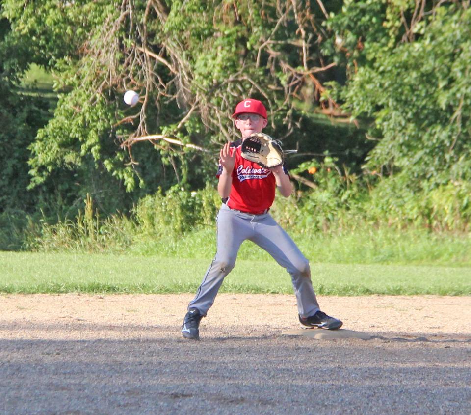 Coldwater's Royal F. awaits the relay from the outfield Friday versus the Village