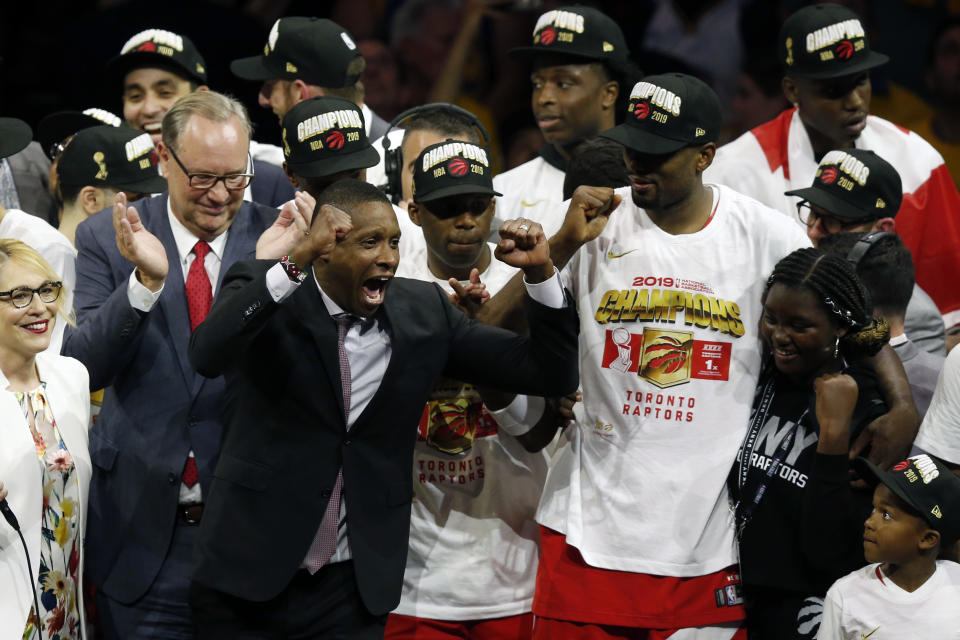 OAKLAND, CALIFORNIA - JUNE 13:  General Manager of the Toronto Raptors Masai Ujiri celebrates his teams victory over the Golden State Warriors to win Game Six of the 2019 NBA Finals at ORACLE Arena on June 13, 2019 in Oakland, California. NOTE TO USER: User expressly acknowledges and agrees that, by downloading and or using this photograph, User is consenting to the terms and conditions of the Getty Images License Agreement. (Photo by Lachlan Cunningham/Getty Images)