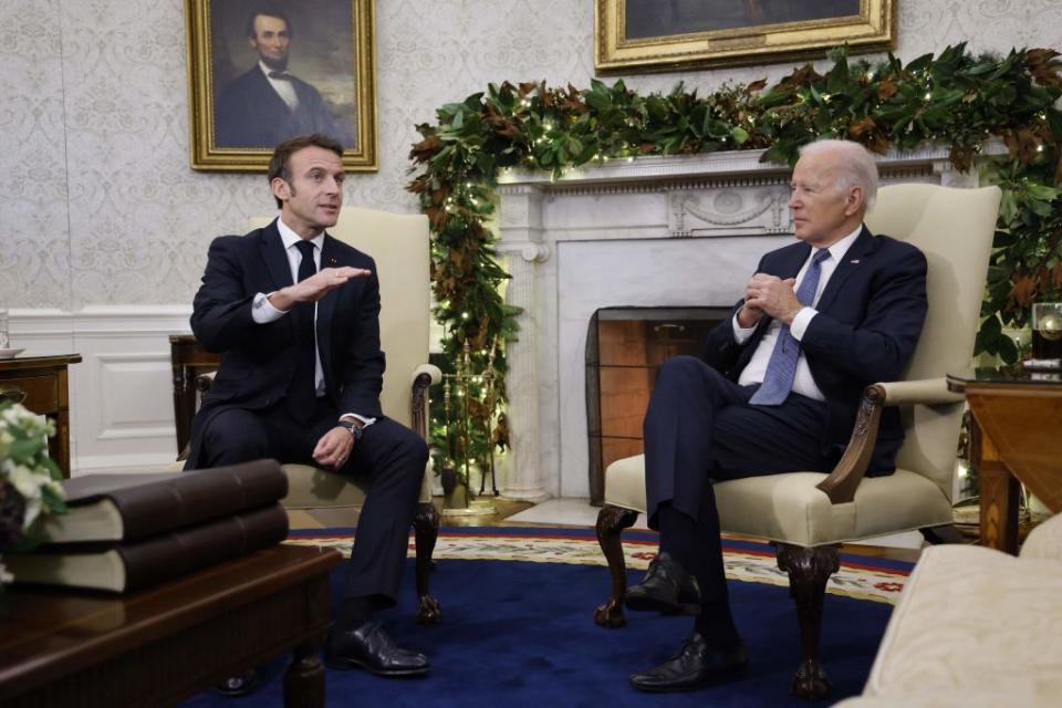 president joe biden meets with president emmanuel macron in the oval office