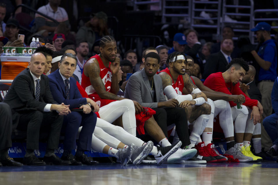 PHILADELPHIA, PA – MAY 09: The Toronto Raptors bench looks on against the Philadelphia 76ers in the fourth quarter of Game Six of the Eastern Conference Semifinals at the Wells Fargo Center on May 9, 2019 in Philadelphia, Pennsylvania. The 76ers defeated the Raptors 112-101. NOTE TO USER: User expressly acknowledges and agrees that, by downloading and or using this photograph, User is consenting to the terms and conditions of the Getty Images License Agreement. (Photo by Mitchell Leff/Getty Images)