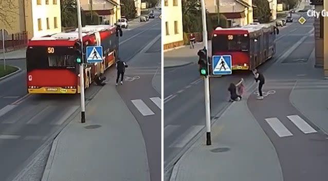 A teenager has had a terrifying close call after she was pushed into a passing bus. Photo: City Guard Czechowice-Dziedzice