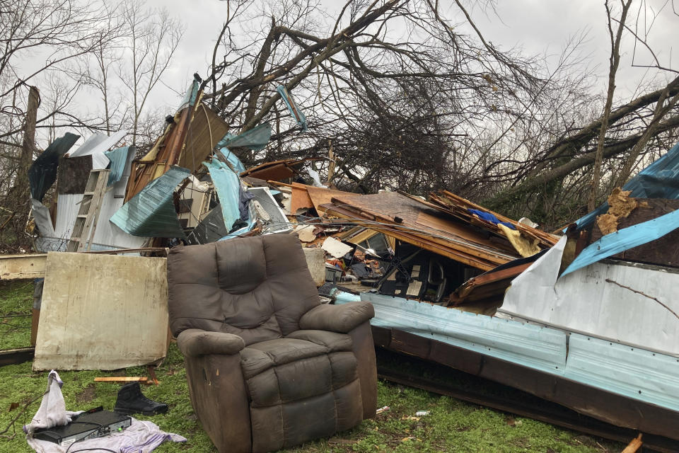 Debris covers the ground after severe weather early Wednesday, April 5, 2023 in Glen Allen, Mo. A large tornado tore through southeastern Missouri before dawn on Wednesday, killing several people and causing widespread destruction. (AP Photo/Jim Salter)
