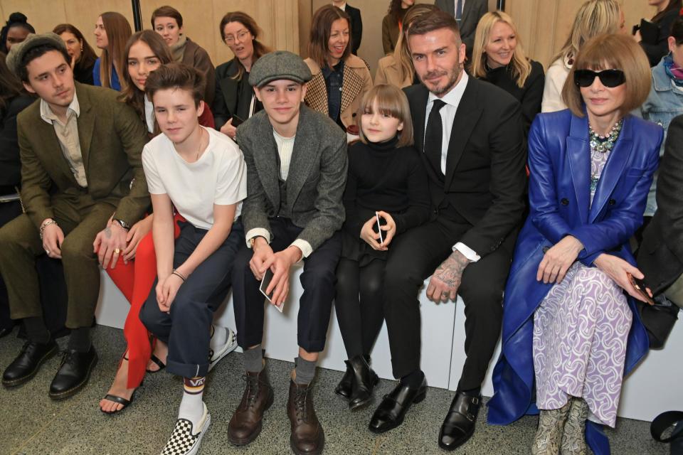 Brooklyn Beckham, Hana Cross, Cruz Beckham, Romeo Beckham, Harper Beckham, David Beckham and Dame Anna Wintour attend the Victoria Beckham (Dave Benett/Getty Images)