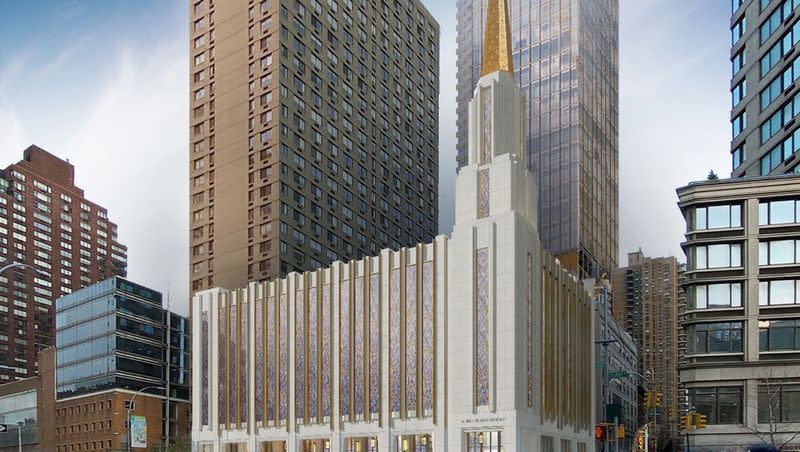 An artist’s rendering of the renovated Manhattan New York Temple that is expected to be completed in 2027, following extensive renovations beginning in 2024.