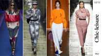 <p>Americans live in athleisure, and the trend is not going anywhere! Just like social media, it’s about embracing it and finding your style — and for the Milanese, that means chic-leisure, from Bottega Veneta’s dusty pink sports-inspired tops and pants to MaxMara’s palm-print jumpsuit with a visor.</p>