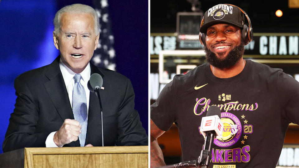 US President-elect Joe Biden (pictured left) speaking after his win and NBA star LeBron James (pictured right) after winning the championship.