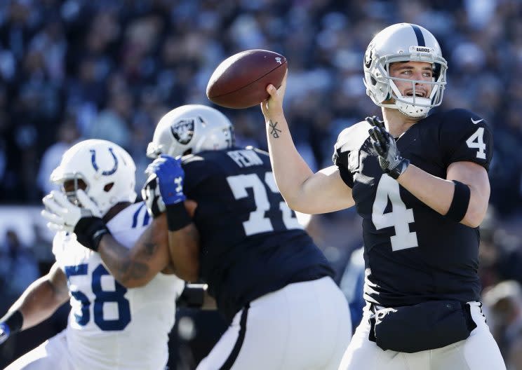 Derek Carr was taken off due to a leg injury against the Colts. (AP)