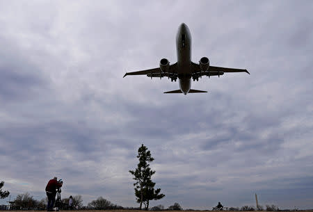 FILE PHOTO: An American Airlines Boeing 737 MAX 8 flight from Los Angeles approaches for landing at Reagan National Airport shortly after an announcement was made by the FAA that the planes were being grounded by the United States in Washington, U.S. March 13, 2019. REUTERS/Joshua Roberts