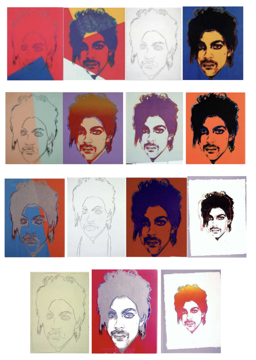 The images from Andy Warhol's series on Prince. (Court filings: THE ANDY WARHOL FOUNDATION FOR THE VISUAL ARTS, INC., Petitioner, V. LYNN GOLDSMITH AND LYNN GOLDSMITH, LTD., Respondents.)