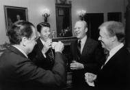 <p>Ronald Reagan with Richard Nixon, Gerald Ford and Jimmy Carter at the White House before departing to attend the funeral of Anwar Sadat in Cairo, Egypt.</p>