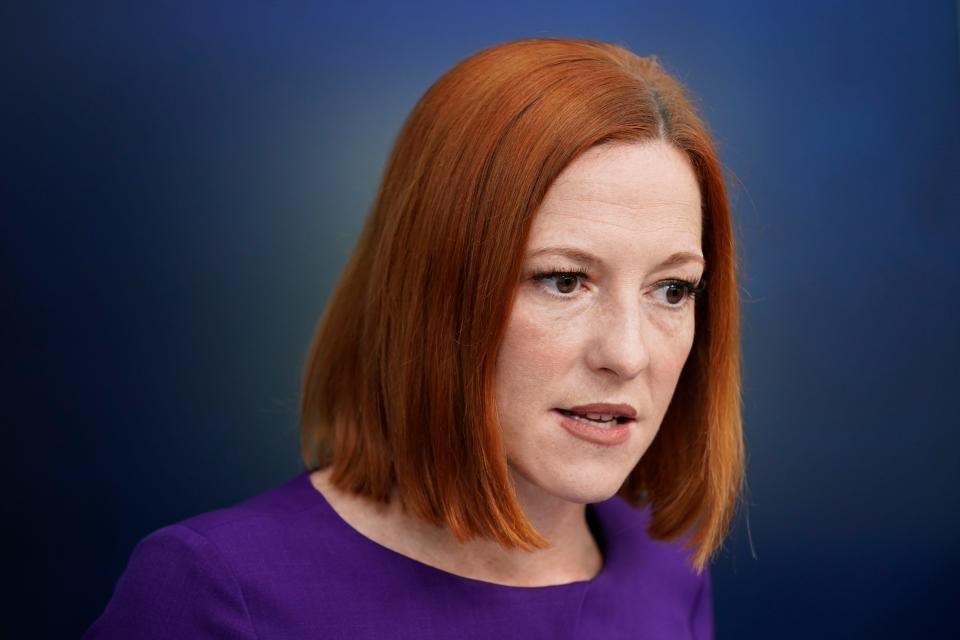 White House press secretary Jen Psaki speaks during a press briefing at the White House, Feb. 23, 2022, in Washington.