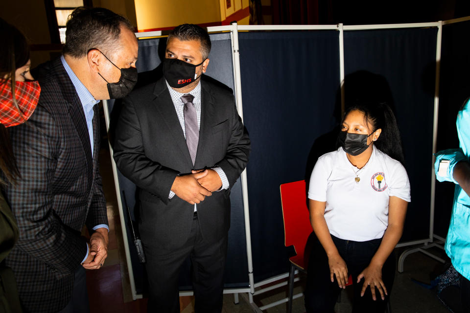 Emhoff visits a vaccination clinic at East Side High School in Newark to back the Administration's call for Americans to get vaccinated against COVID-19.<span class="copyright">Landon Nordeman for TIME</span>