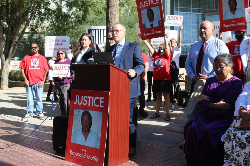 Ryan Stitt, an attorney representing the family of Raymond Mattia, the Tohono O'odham man who was shot and killed by Border Patrol agents, speaks at a news conference outside of the Evo A. DeConcini Federal Courthouse in Tucson on Nov. 17, 2023.