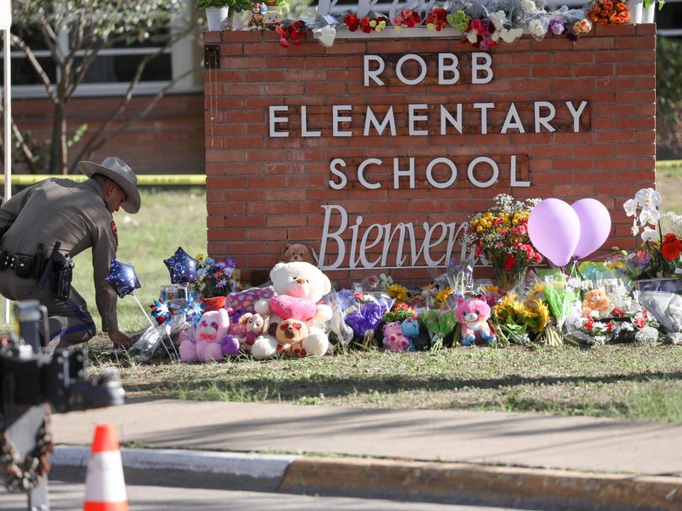 A view from the makeshift memorial in front of Robb Elementary School in Uvalde, Texas, on May 25, 2022.